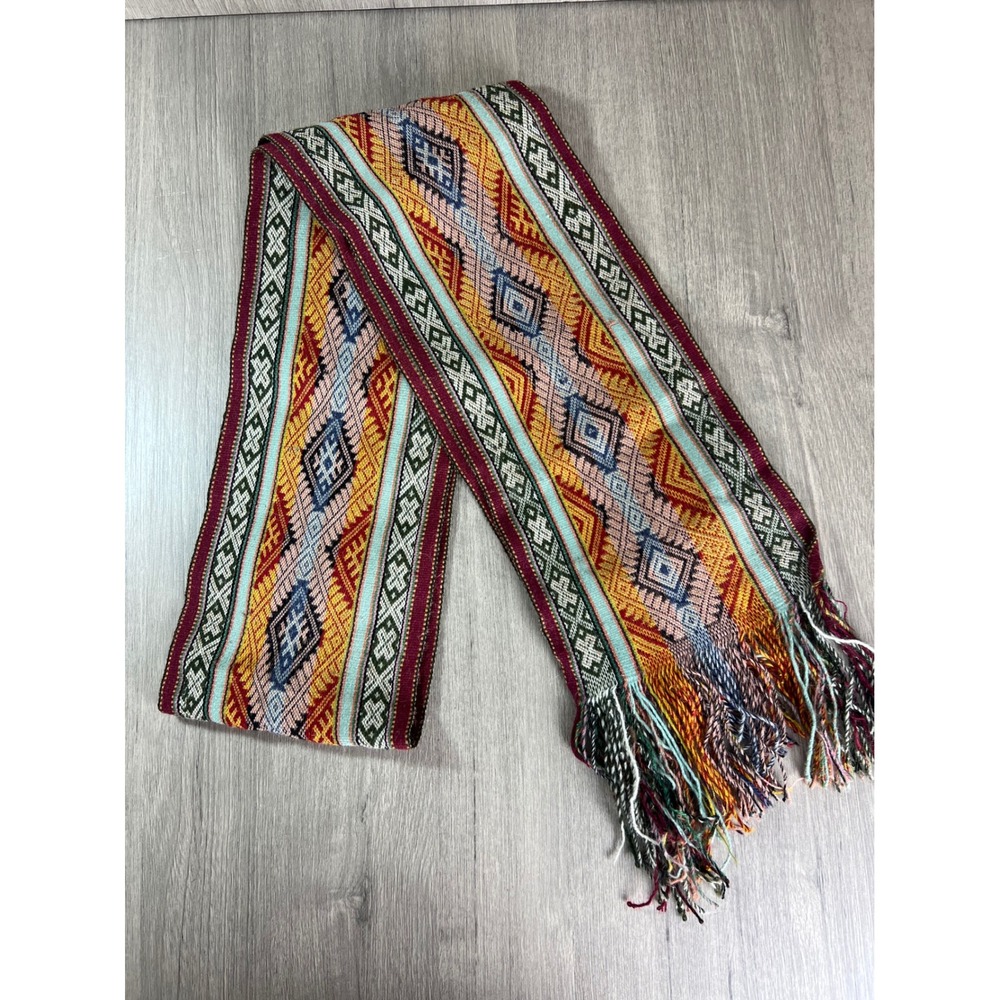 Handwoven Andean Geometric Wool Sash Belt Fringed Boho Scarf Multi Color